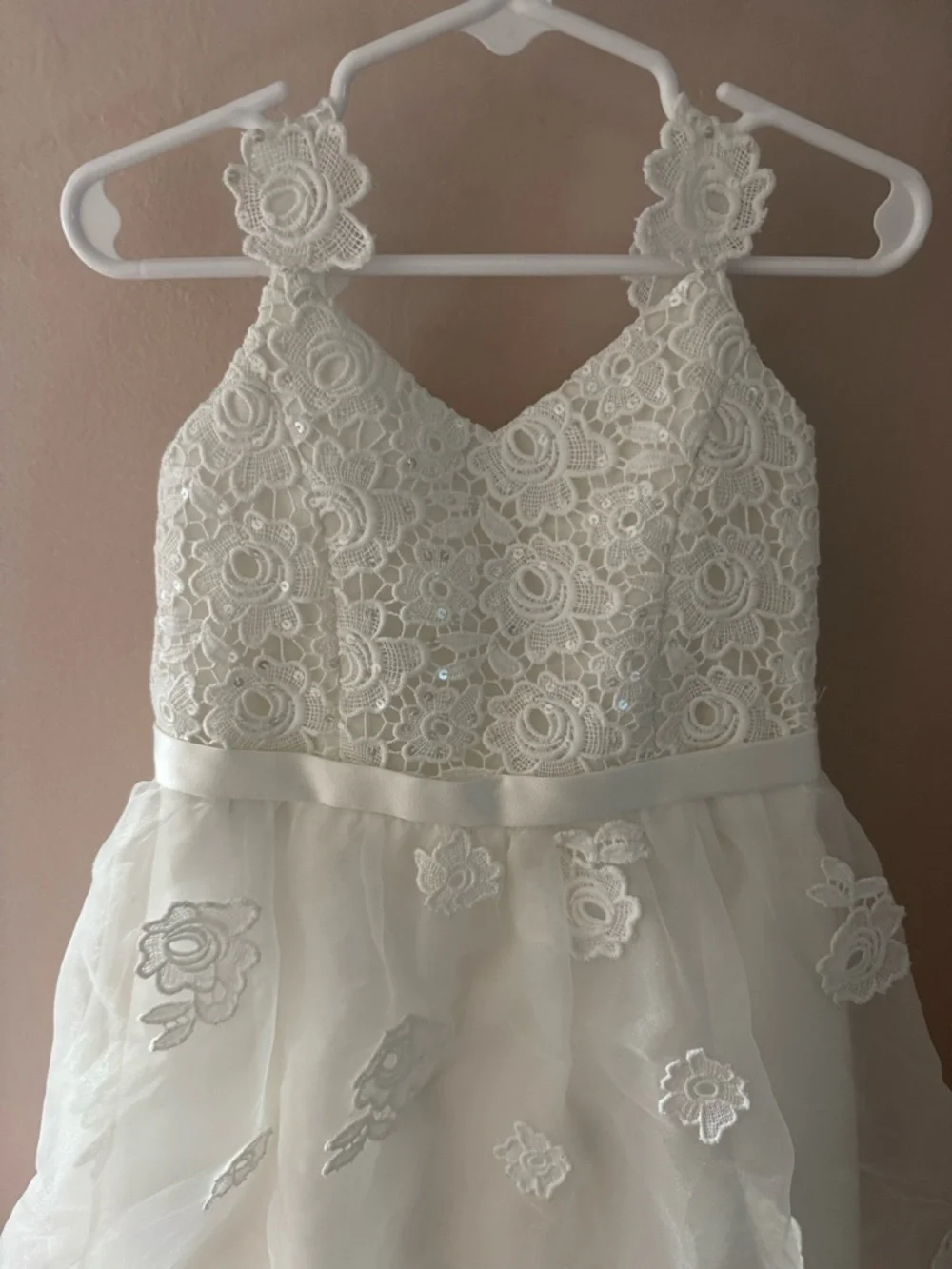 David's Bridal Ivory Floral Lace Tea Length Flower Girl Dress- Size 5 - Picture 2 of 13